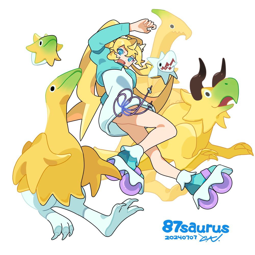 バナナをモチーフにした恐竜のキャラクターと女性のキャラクターが躍動感のあるポーズで描かれたイラスト