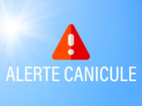 "Alerte Canicule" écrit sur un fond bleu avec un panneau triangle rouge avec un point d'exclamation au-dessus  .