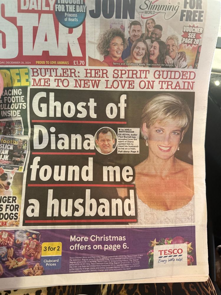 Front cover of the Daily Star. Says “ghost of Diana found me a husband” 