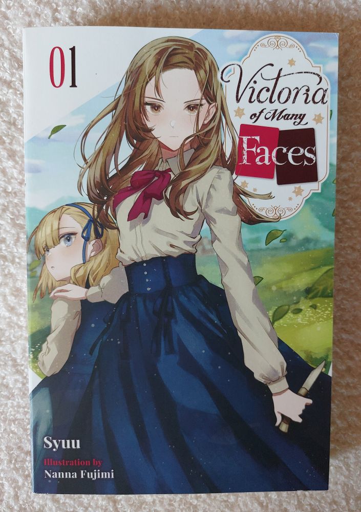 Victoria of Many Faces Light Novel Volume 1. 

Cartoon woman is holding a knife in her left hand and her right hand is resting on the little girl's shoulder standing behind her. It looks like woman is protecting the girl.


Character description:

Adult female character: Long brown hair, brown eyes, white skin. She's wearing a beige long sleeve blouse with a loose and big dark red bow around her neck and a long dark blue skirt with 4 tiny silver buttons around the waist. She looks determined. 

Little girl: Blond hair, blue eyes, white skin. She's wearing a blue ribbon in her hair with a loose bow, a beige long sleeve blouse and a dark blue sleeveless dress above. She looks surprised.

In the background there is greenery and a blue sky. 