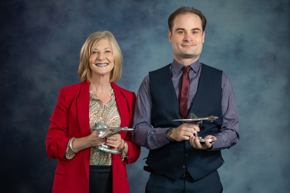 Image shows: The RAF Museum 2024 MA Prize and PhD Bursary Winners, Jane Lowes and Michael Terry.