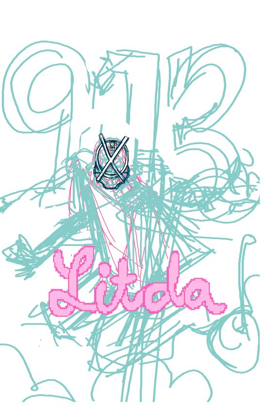 Sketch by me of Kaixa kneeling in a cake, holding his sword for 913 in a "babygirl" style pose.