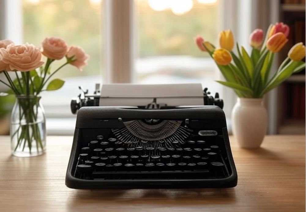 typewriter with vases of flowers on either side