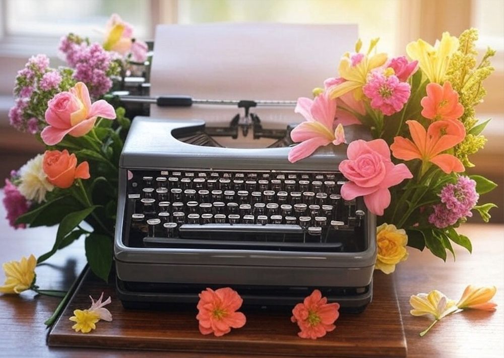 typewriter surrounded by flowers