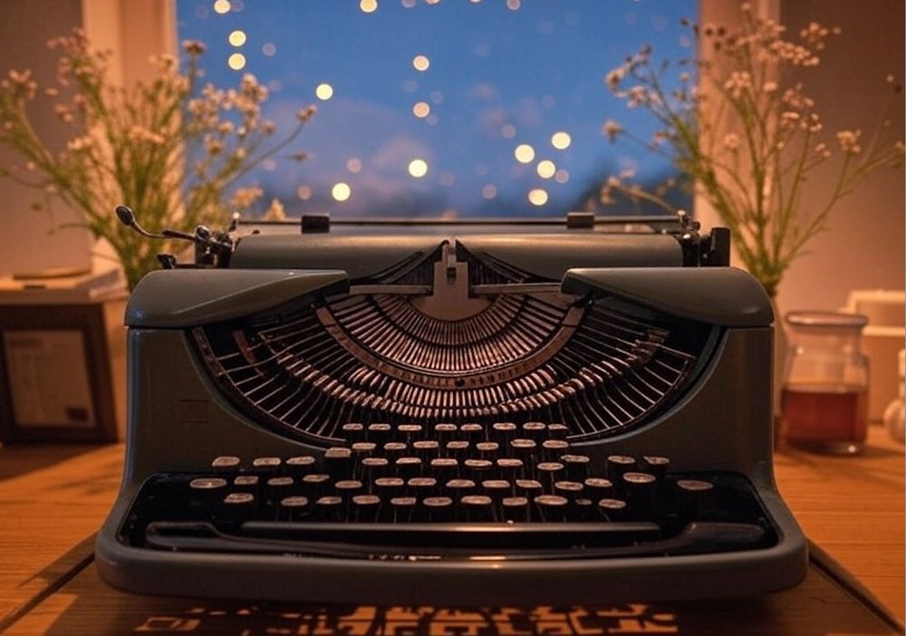 typewriter and flowers in front of window through with lights can be seen at night