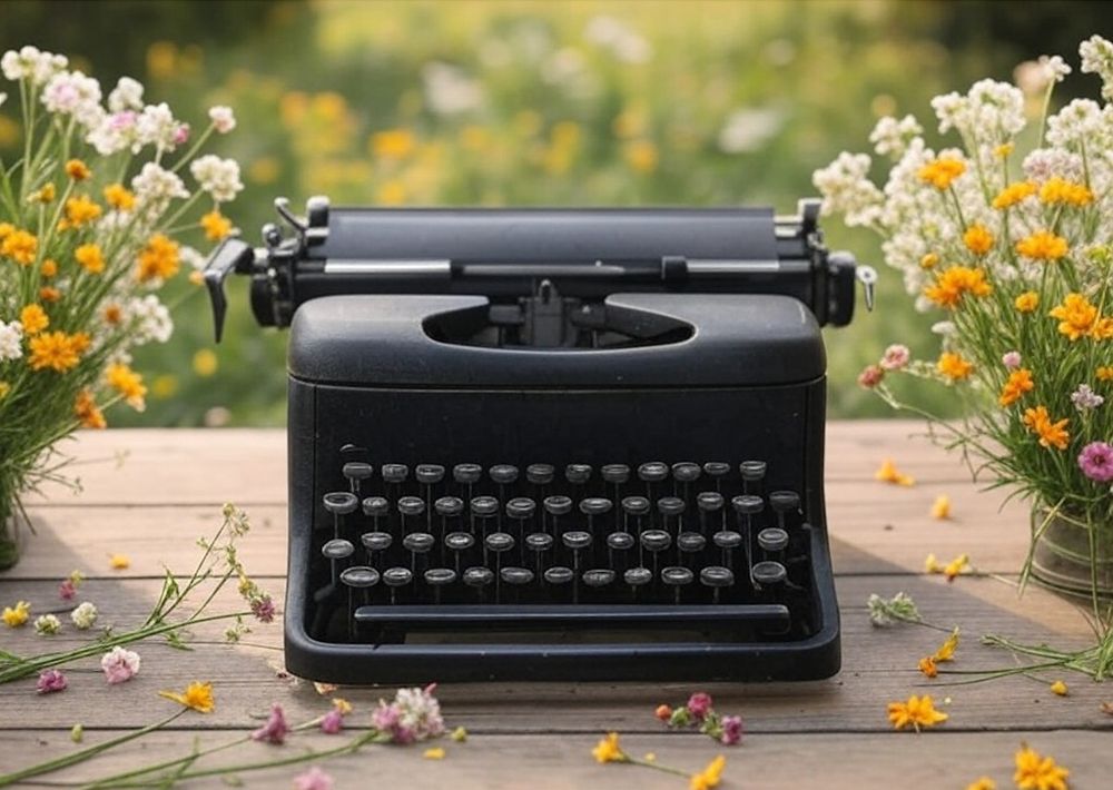black typewriter on wooden table near field and flowers
