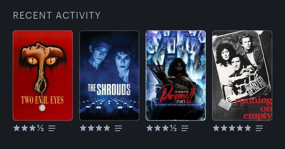 Two Evil Eyes (3 and a half stars)
The Shrouds (4 stars)
In Search of Darkness Part 2 (3 and a half stars)
Running on Empty (5 stars!)