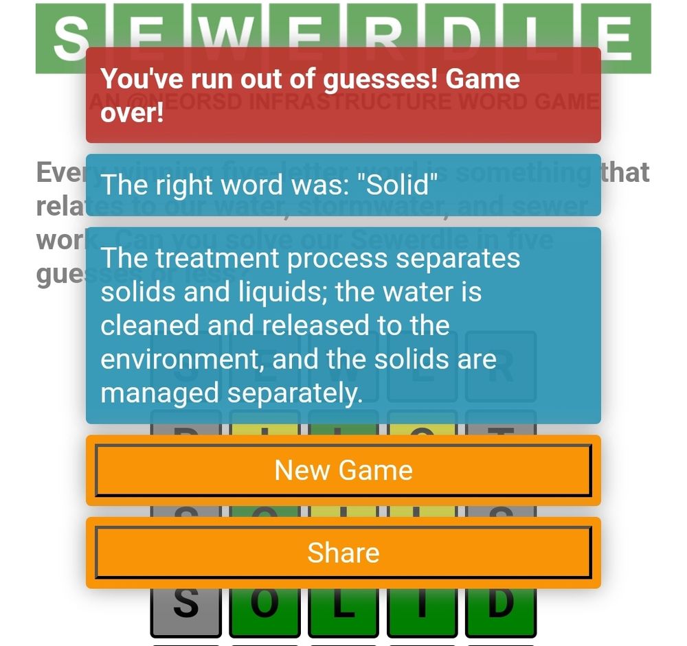 An image of the game Sewerdle, with solid marked as the right answer, but given as incorrect in the game. 