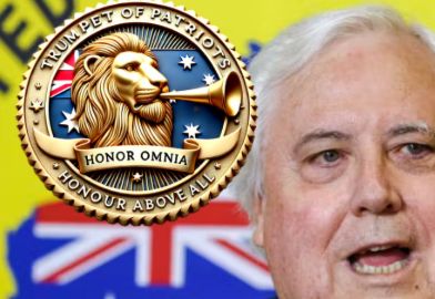 An image of the seal of the "Trumpet of Patriots" party, with part of the head of Clive Palmer to the right. The seal depicts a lion improbably holding up a horn with only its apparently colossal lip strength, as well as a Latin motto "Honor omnia" which they want to mean "Honour above all." But they really should have spoken to someone about that.
