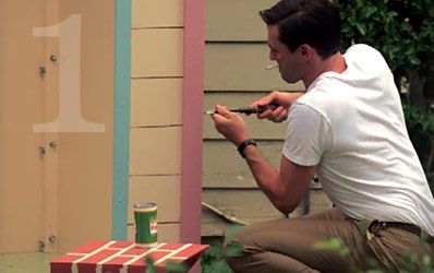 Jon Hamm as Don Draper doing yard work while trashed on beers 