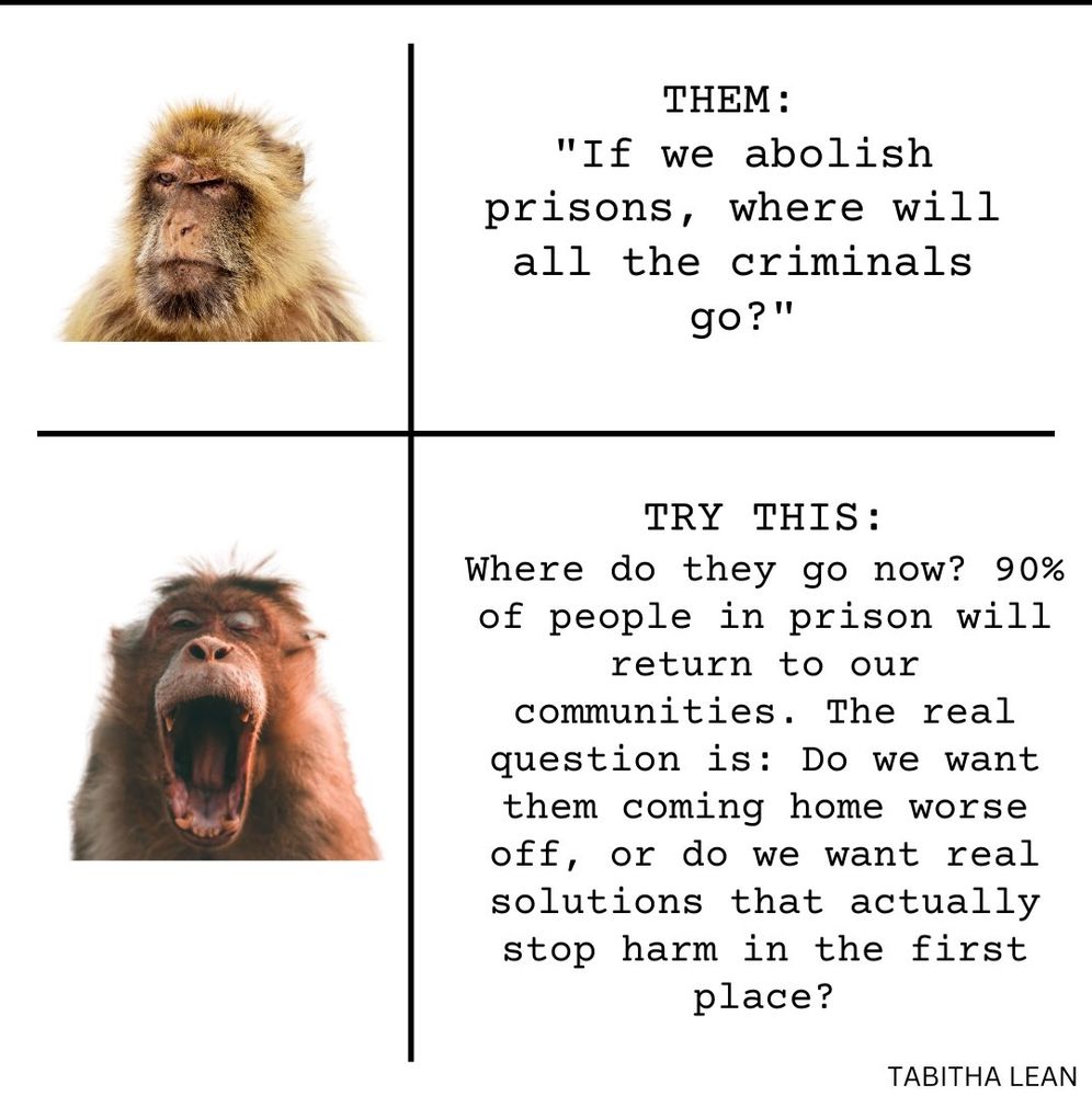 THEM:

"If we abolish prisons, where will all the criminals go?"

TRY THIS:

Where do they go now? 90% of people in prison will return to our communities. The real question is: Do we want them coming home worse off, or do we want real solutions that actually stop harm in the first place?