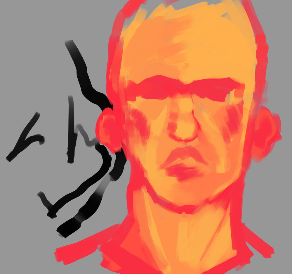 Yellow, orange and bright red painted face