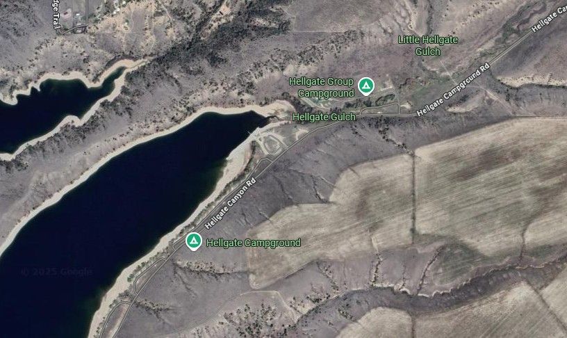 Ein Screenshot aus Google Maps, der die Orte "Hellgate Campground" und "Hellgate Gulch" in Montana nahe Helena zeigt.