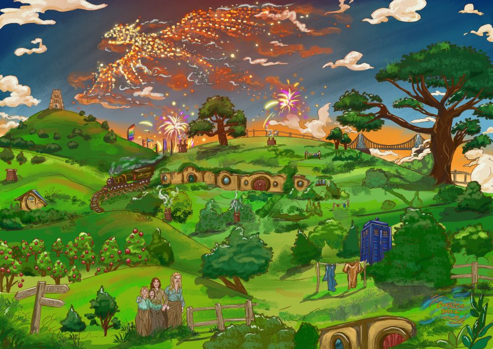 This colorful artwork portrays a vibrant, fantastical landscape. Rolling green hills are dotted with hobbit-style houses, apple trees, and a smoke-billowing steam train winding its way through the scenery. A dazzling display of fireworks illuminates the sky, forming a dragon shape, as the sunset glows warmly on the horizon. There's a mix of whimsy and mystery, with details such as a blue police box hidden near the edge of the scene and a medieval-style tower perched on one hill. A family sits peacefully in the foreground, while a suspension bridge spans the distance, blending magic with modernity.