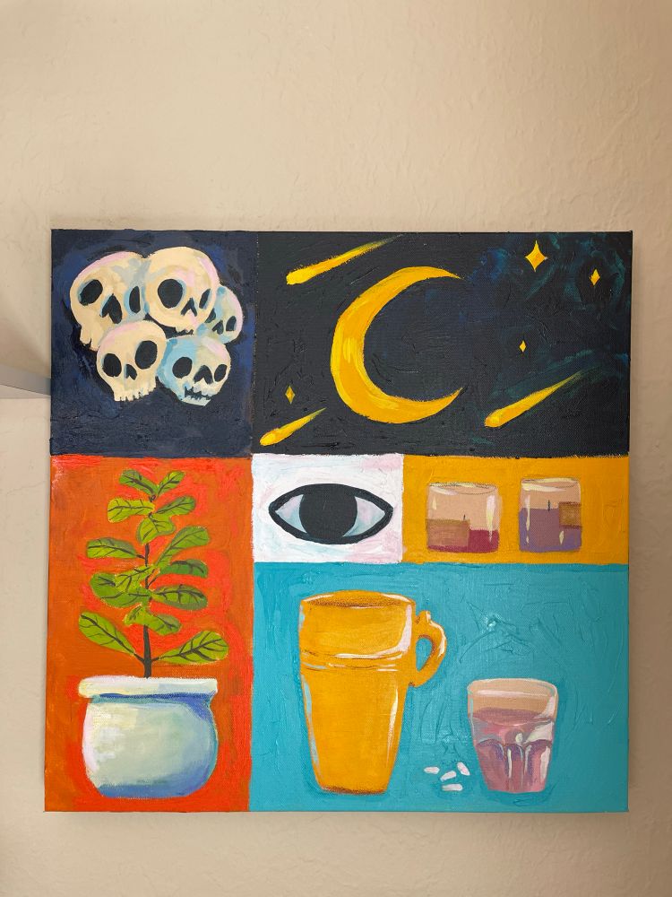 Painting in various panels showing a moon, some skulls, a glass and a fig tree