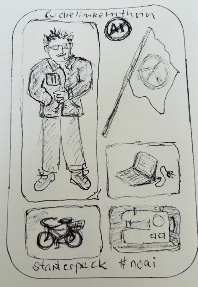 Gezeichnets Starterpack mit Figur, Friedensfahne, Laptop, Fahrrad und Nähmaschine. 