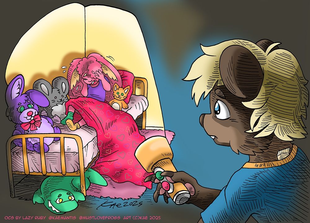 Ruby (red rabbit) sits in bed, surrounded by plushies, crying over a nightmare. Enny (brown tanuki) has run into the room with a flashlight to investigate.