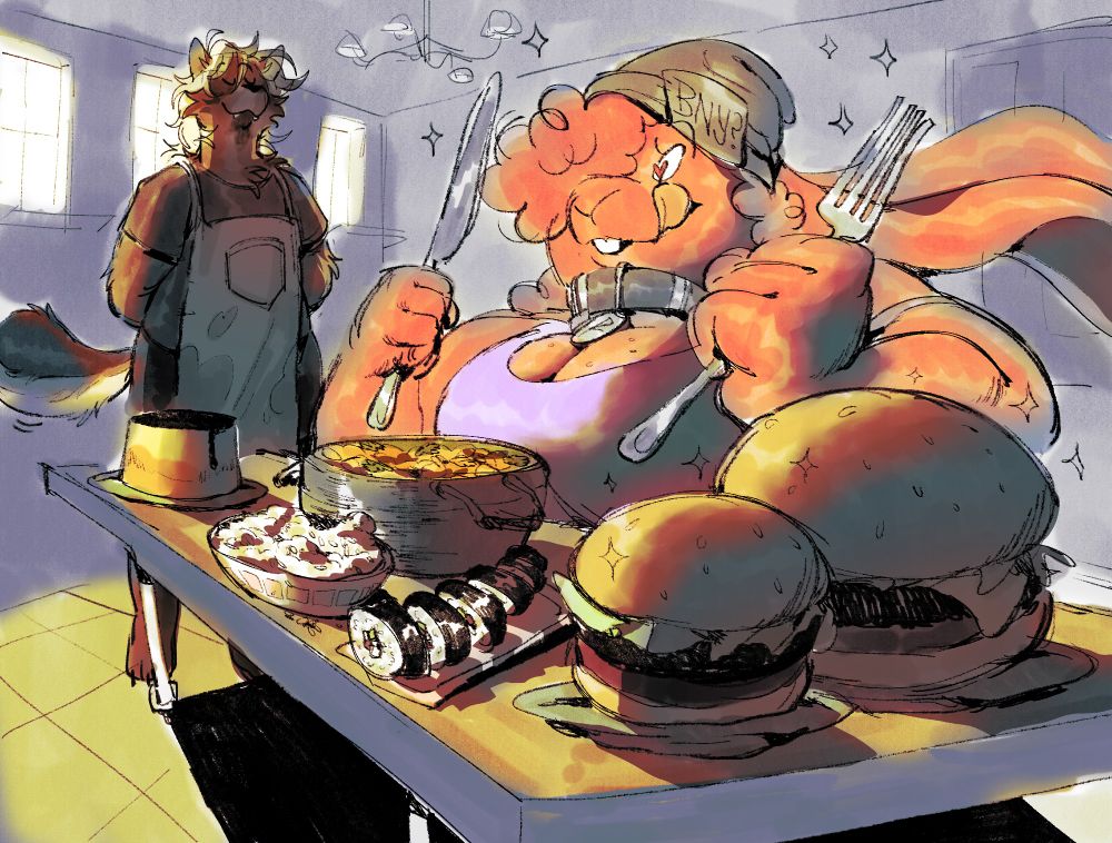 In a sunray-bathed kitchen sits Ruby at a table loaded up with a pot of curry, a bowl of rice, a tray of sushi, a plate of flan, and two cartoonishly large burgers. Hearts are in her eyes as she brandishes a large fork and knife, licking her lips in anticipation.

Off to the side, standing proudly in a chef's apron, stands Enny, ready for the ensuing chaos.