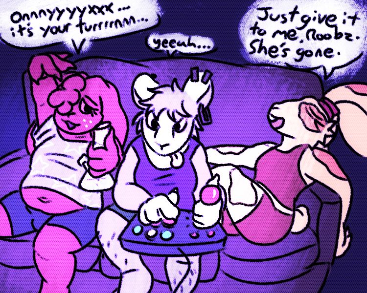 Ruby, Onyx, and Topaz on a couch in a dark room. 

Ruby has a bong in hand and is waving to Onyx, telling her it's her turn to hit. Her eyes are slightly reddened.

Onyx is laser-focused on the TV, pounding away on an arcade fightstick and barely responding to Ruby.

Topaz, relaxed against the arm of the couch, reaches out for the bong.

"Onnnnnyyyyyxxx...it's your turrrrrrnnnn..."
"Yeeah..."
"Just give it to me, Roobz. She's gone."