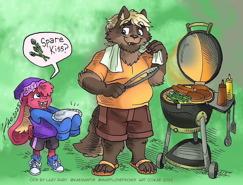 Dadverse!Enny manning the grill as Ruby comes running up, asking for asparagus, which she mispronounces as "spare kiss".