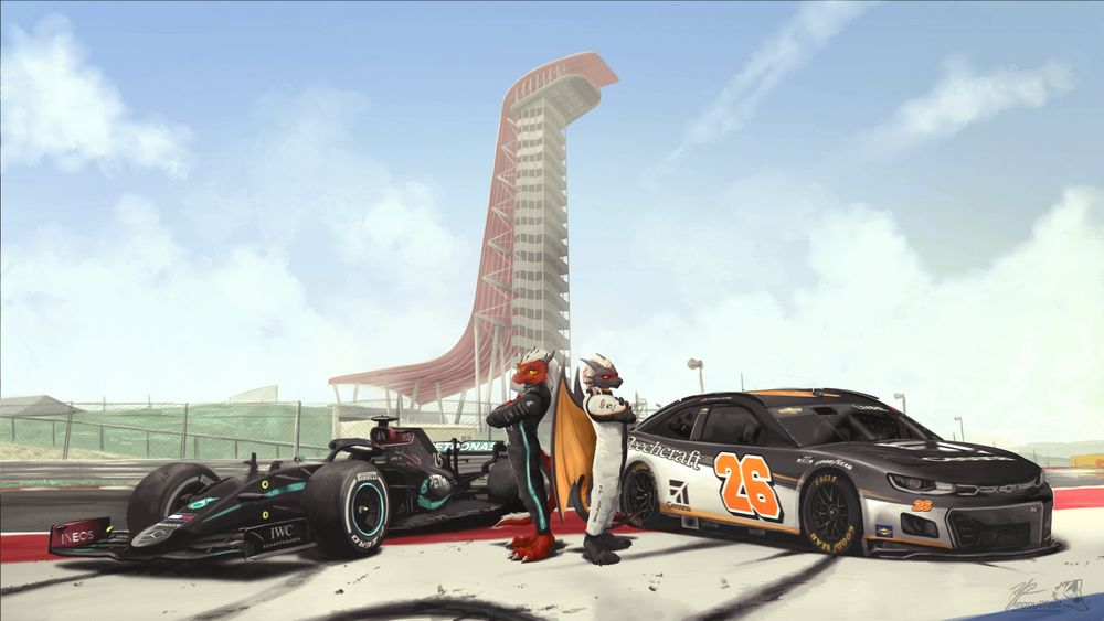 Illustration of two dragon characters standing by two cars: A Mercedes W11 and a NASCAR Camaro. The background features the observation tower at COTA.