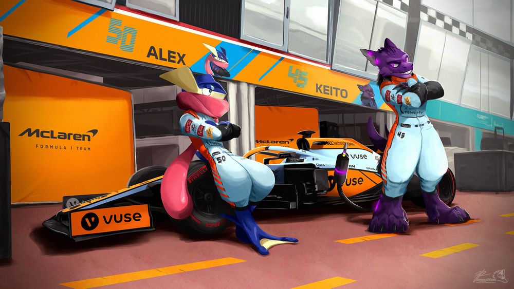 Illustration of two characters - a Greninja and an Ampwave - posing in front of a McLaren MCL35M at Monaco.