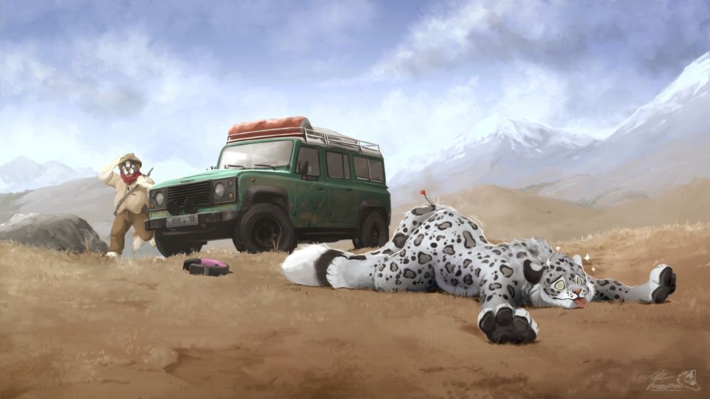 Illustration showing a character running out of a Land Rover defender, adjusting a stun rifle on his back. On the foreground, a snow leopard is stunned, a stun dart sticking from its butt.