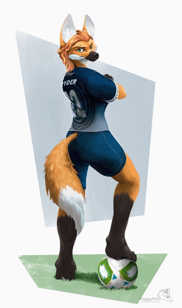 Portrait of a maned wolf character wearing a Galway United FC Away kit. She's facing the viewer, arms-crossed, one foot stepping on a ball.