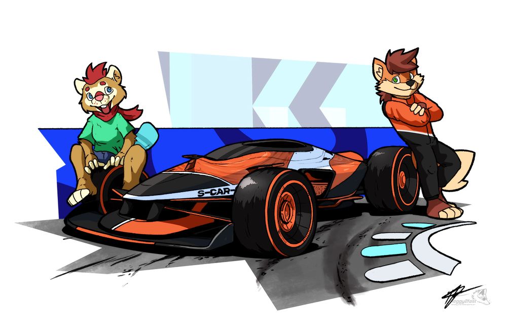 Cartoon style illustration of a Trackmania car in a Formula E themed setting. Two characters are sitting/leaning on the wheels of the car.