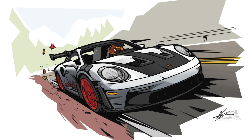 Toony-style pic of a 992.1 GT3 RS driving on a mountain road.