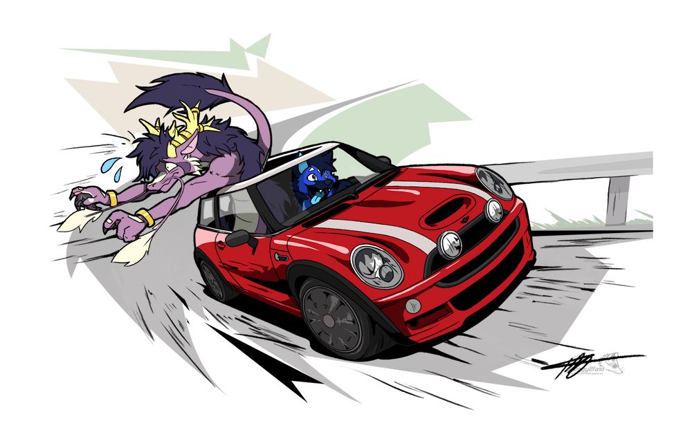 Toony-style pic of a red MINI driving around a corner. The driver (Cobalt) is excited about it, but the passenger, a purple eastern dragon (Sloth), is sticking through the sunroof and getting pulled to the side by the speed of the cornern.