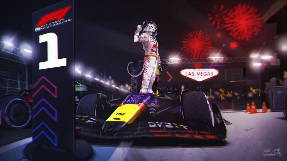 Illustration of a Formula 1 scene with a car parked in the race winner position. The character, Xaver, is standing on the car, fist in the air, celebrating his victory. There are lights and fireworks in the background.