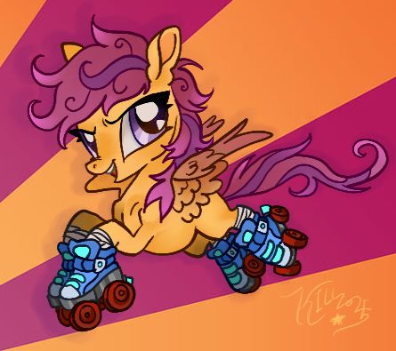 Orange and purple pegasus wearing rollerskates with an orange and purple striped background 