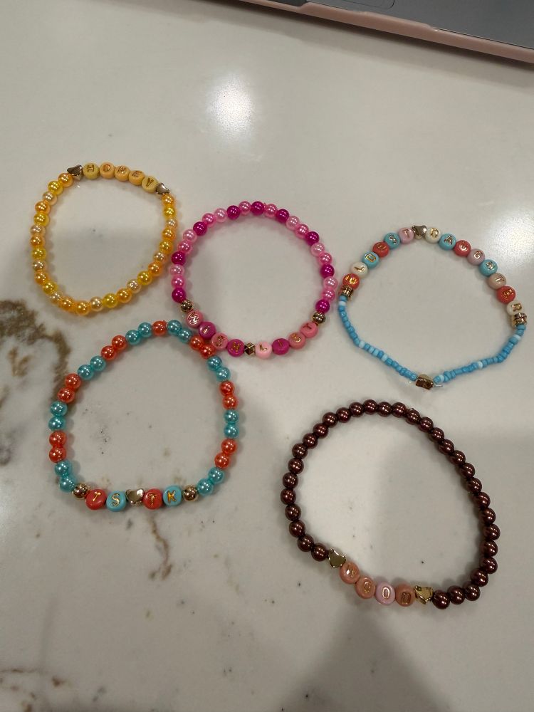 Showgirl bracelets featuring wood, TS & TK,  wish list, eldest daughter & honey