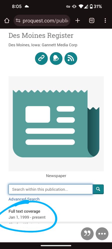 Screenshot showing Des Moines Register resource from 1999 to present