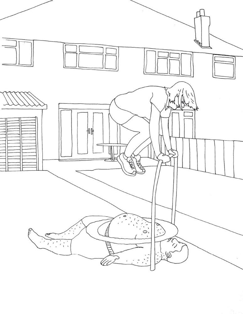A line drawing of a woman bouncing on a man’s stomach as he lies beneath the frame of a mini-trampoline. Also symbolic of my fondness and greed for cake.