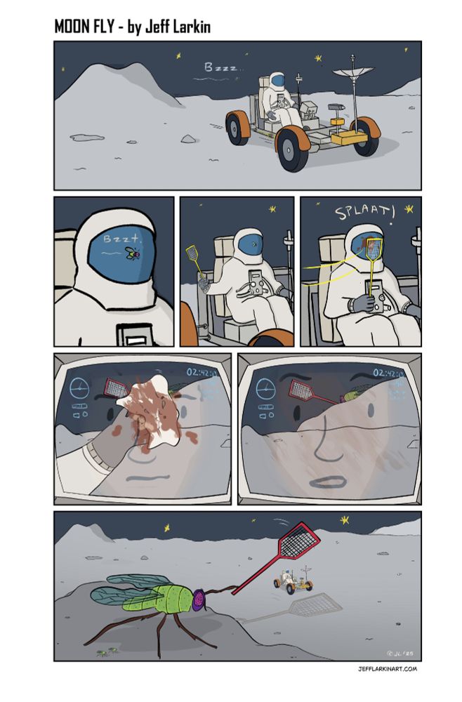 An astronaut has a run-in with a family of flies on the moon.