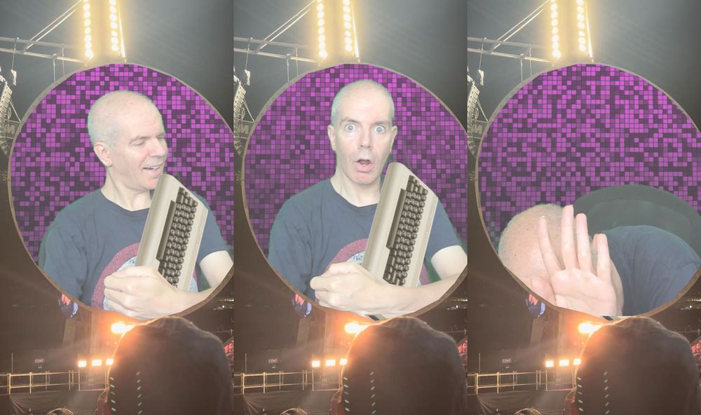 Yeah, I'm hopping on that Andy Byron/Coldplay kiss-cam bandwagon. I know, I know. How hack of me.
Anyway, this depicts me canoodling with a Commodore 64, then I notice the kiss cam (you know, just like in that viral video) and I then duck and try to hide.
And that's a Photoshopped Commodore 64, I don't actually own one, so this never actually happened anyway. I have standards.