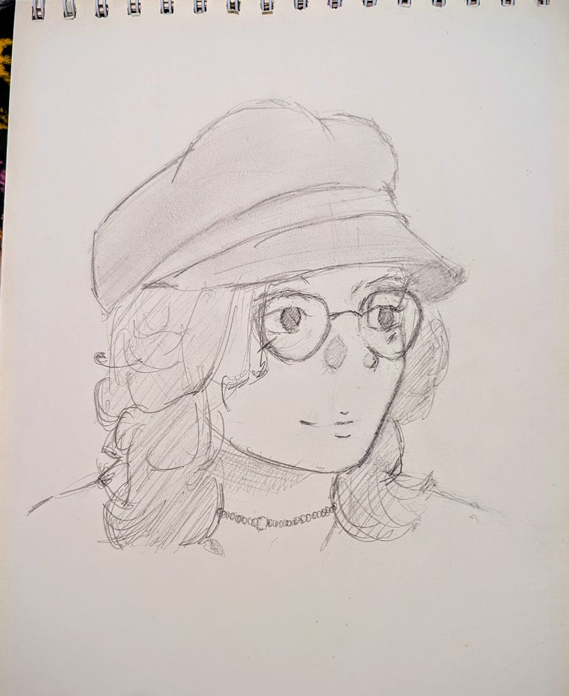 practice sketch of a woman wearing glasses and a octagonal beret, looking to the right.