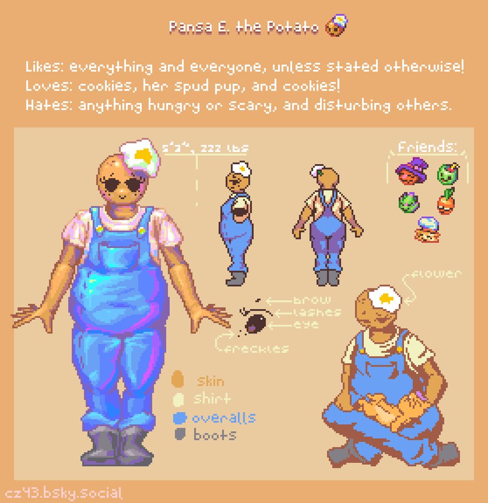 Pansa E. the Potato.
Likes: everything and everyone, unless stated otherwise!
Loves: cookies, her spud pup, and cookies!
Hates: anything hungry or scary, and disturbing others.
She is 5 foot 3 inches tall, weighing in at 222 pounds. What a big girl!