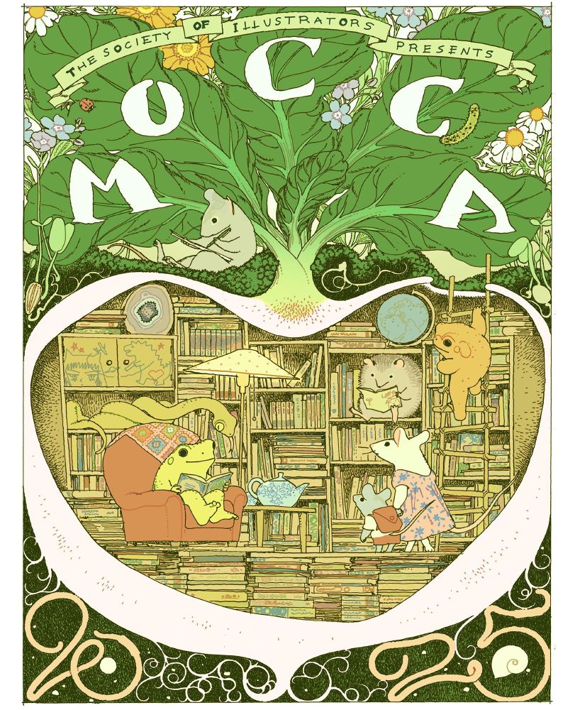 poster for mocca fest 2025. featuring a library inside a beet, various little critters & numbers made from worms