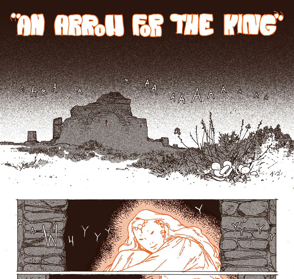 opening page of 'an arrow for the king' depicting a ghost & ruins in a brown-and-red colour scheme 