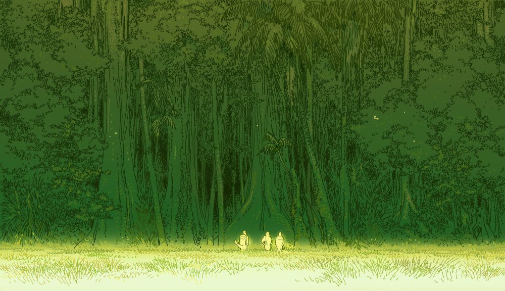 three soldiers before a wall of trees. very green picture. concept frame sort of thing for 'the twilight world'