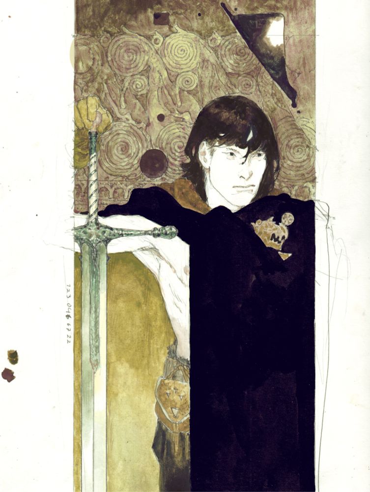 watercolour painting of a young fantasy goth boy with a stern face, a black cloak & a sword