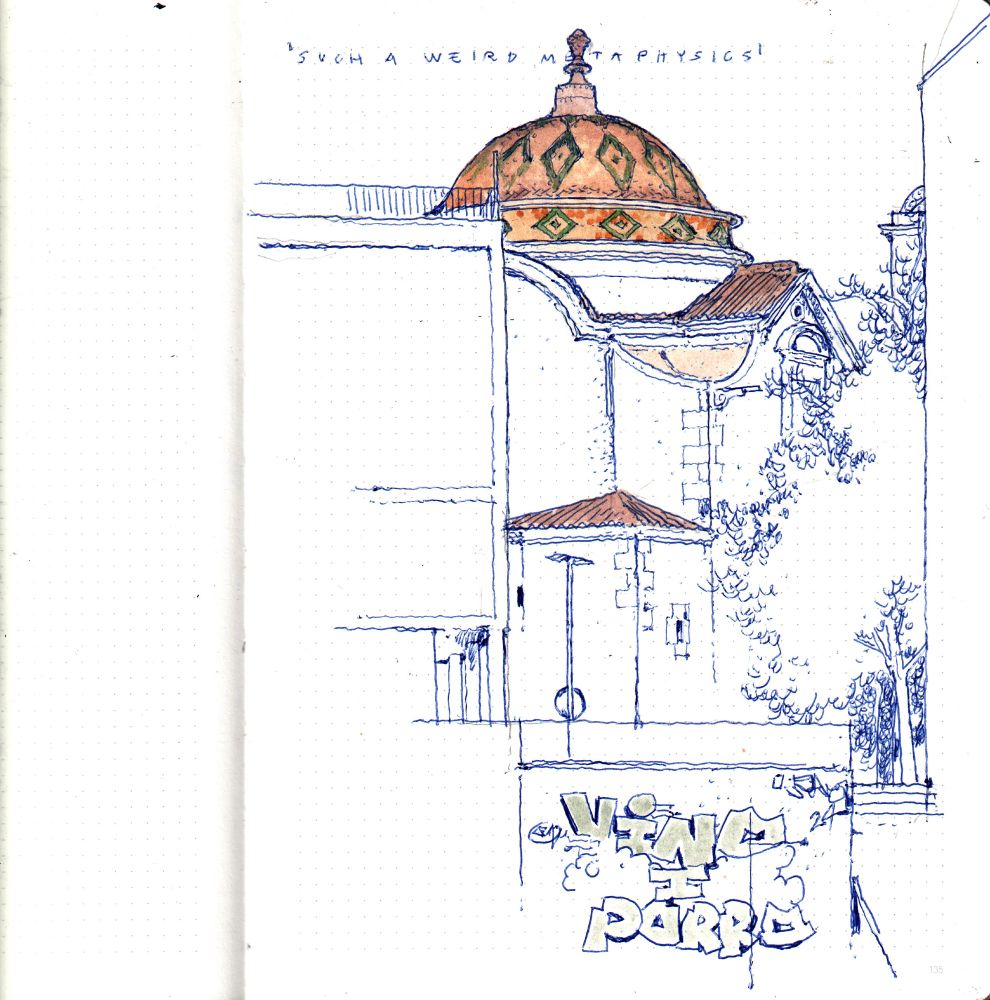 drawing of an old building in barcelona with one of those patterned tile roofs. In the foreground is some graffiti drawn on a newer wall, some newer buildings, scribbles suggesting trees.