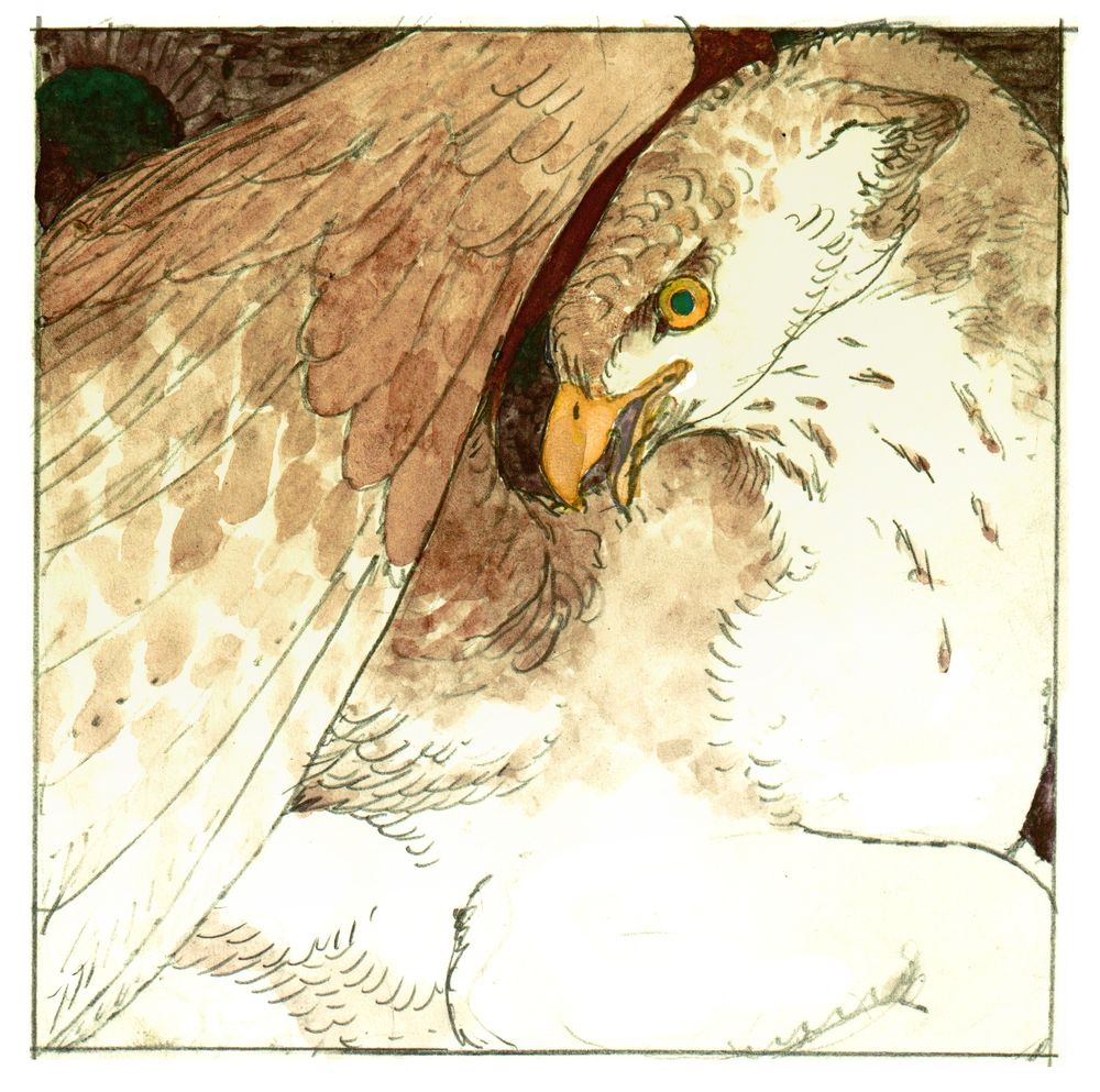 a soft, cat-like gryphon with her paws folded up under her. painted on a post-it using the mildly exciting shades of brown from the previous post