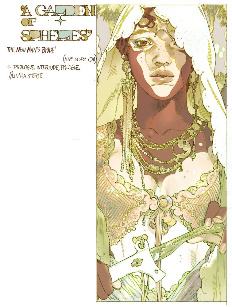 'a garden of spheres' third pdf cover. a woman in a sort of wedding dress, heavy gold jewellery etc. she is holding a knife