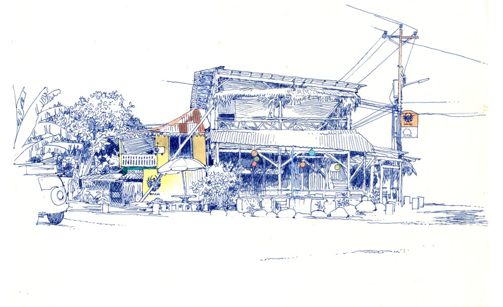 sketch of a building, w power lines, a jeep & banana leaves off to the side