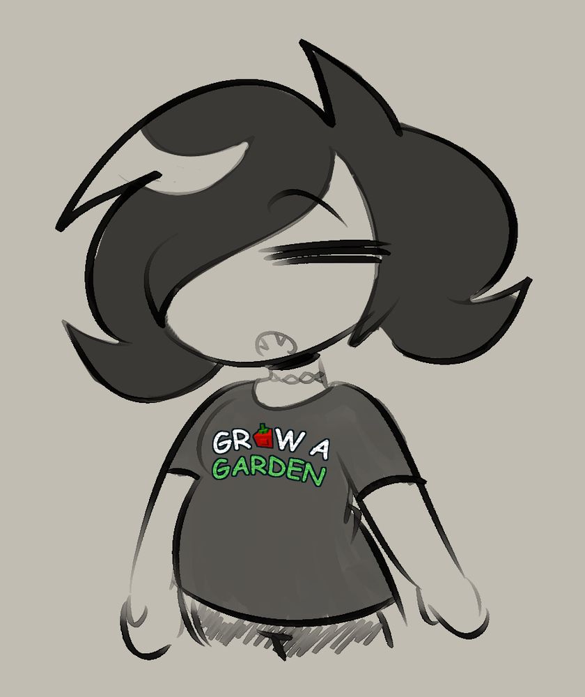 A doodle featuring my persona, Ducky, looking rather dinking and wearing a t-shirt that says "Grow A Garden"