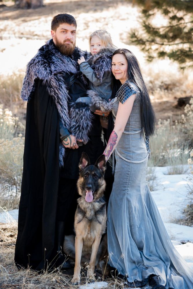 My beautiful niece, her husband, daughter, and dog at her wedding.  She made all their clothes!